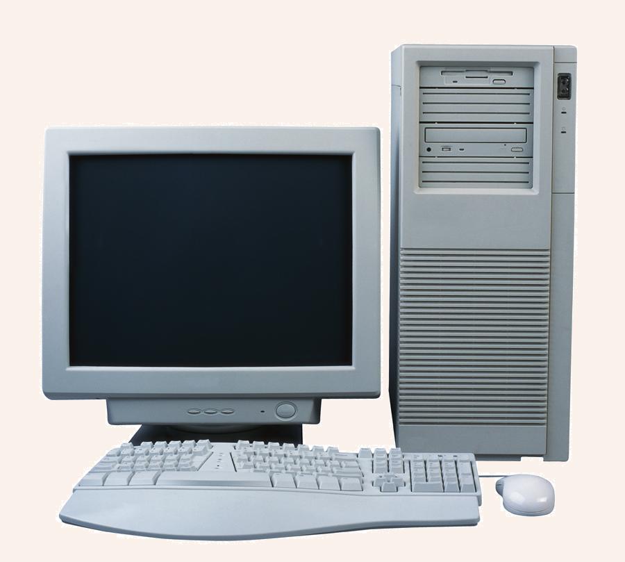 desktop computer with monitor, keyboard, and mouse.